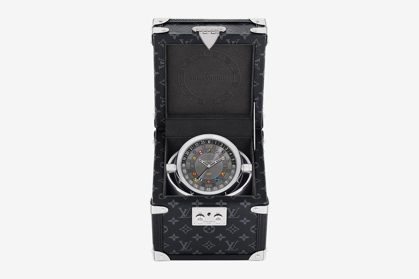Louis Vuitton Trunk Table Clock Release watchmaking Tambour Moon Dual Time trunk monogram Eclipse