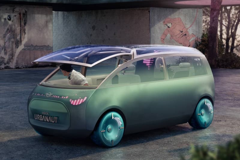 MINI Self Driving Concept Electric Vehicle Vision Urbanaut car interior sofa cozy corner lounge chaise windshield park CAD rendering bmw group
