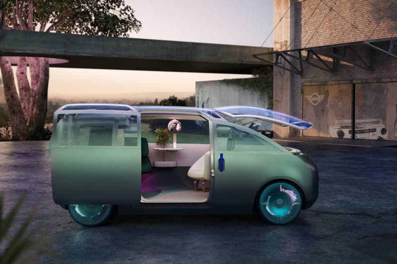MINI Self Driving Concept Electric Vehicle Vision Urbanaut car interior sofa cozy corner lounge chaise windshield park CAD rendering bmw group