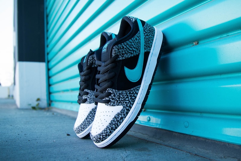 nike sb skateboarding dunk low elephant atmos air max 1 the berrics canteen black elephant print teal bq6817 009 official release date info photos price store list buying guide