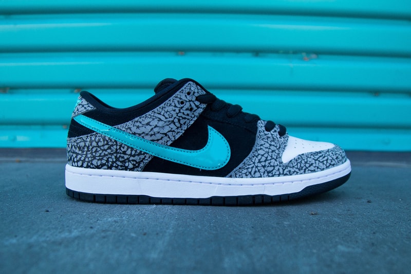 nike sb skateboarding dunk low elephant atmos air max 1 the berrics canteen black elephant print teal bq6817 009 official release date info photos price store list buying guide