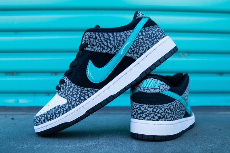 nike sb skateboarding dunk low elephant atmos air max 1 the berrics canteen black elephant print teal bq6817 009 official release date info photos price store list buying guide