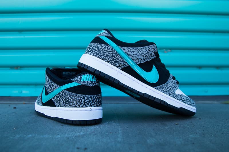 nike sb skateboarding dunk low elephant atmos air max 1 the berrics canteen black elephant print teal bq6817 009 official release date info photos price store list buying guide