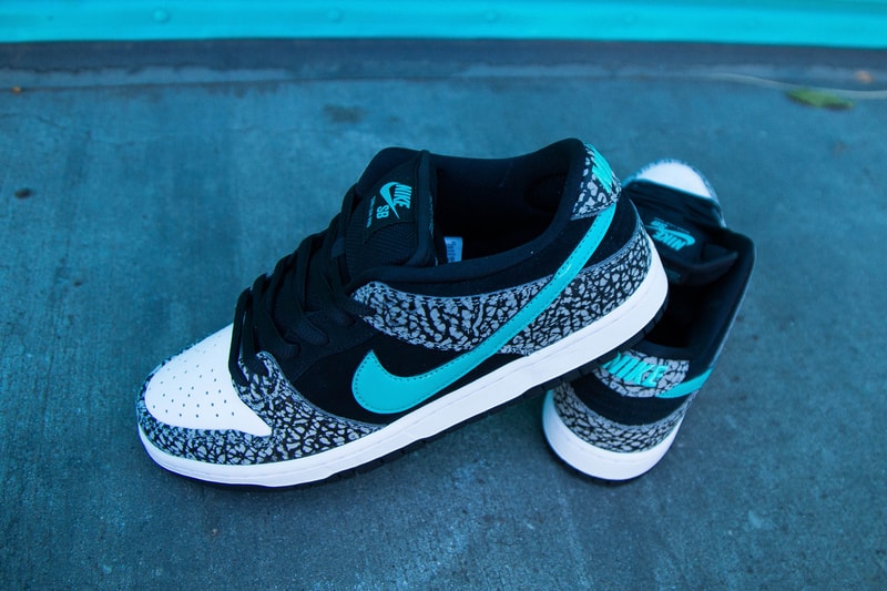 nike sb skateboarding dunk low elephant atmos air max 1 the berrics canteen black elephant print teal bq6817 009 official release date info photos price store list buying guide