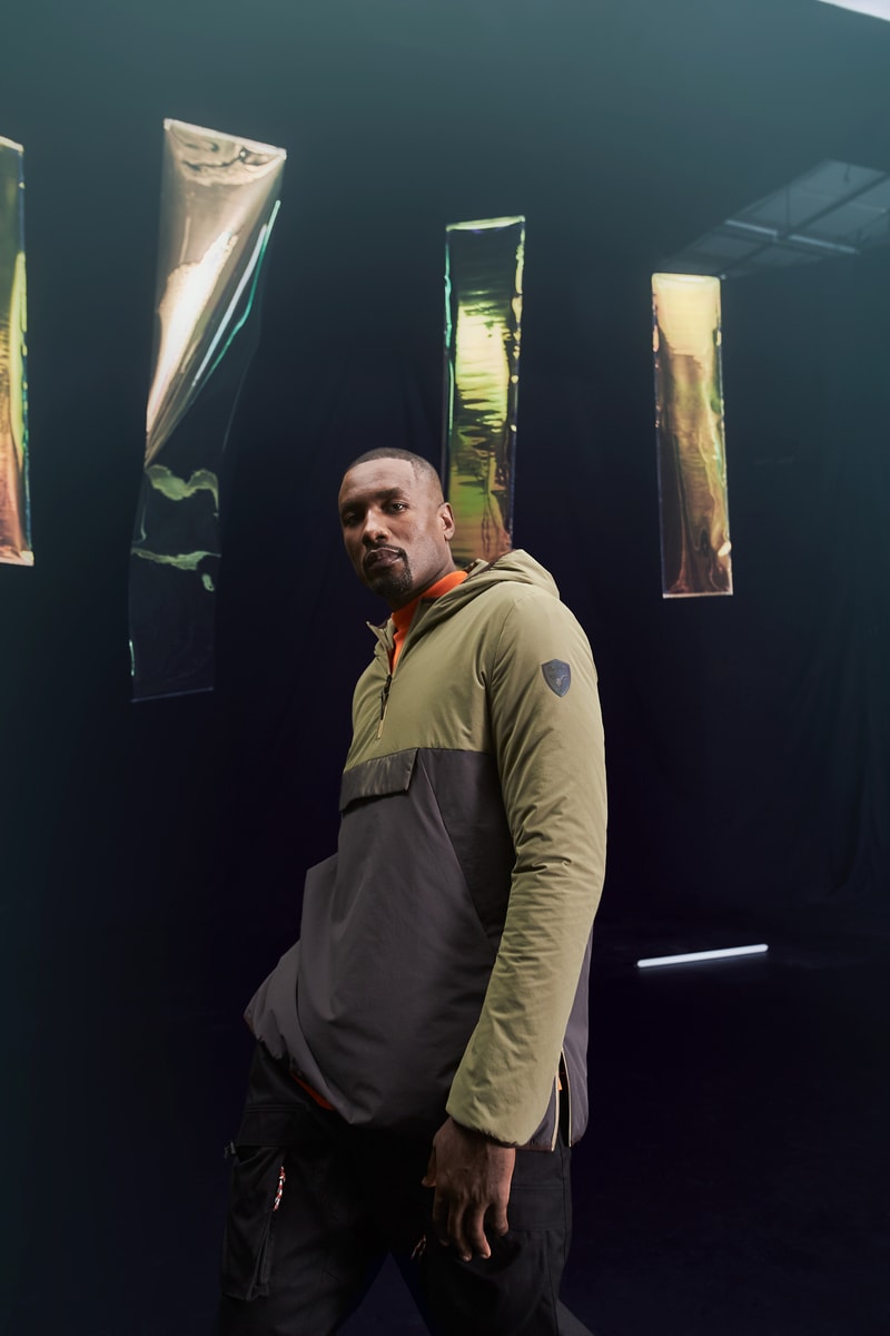 Serge Ibaka design parka, anorak, bomber jacket, vests, hats and scarves, patented membrane lamination, seam-sealed construction, Canadian origin white duck down, Reflective trims, iridescent logos, water repellent nylon shell, Fall/Winter season, big scarf energy