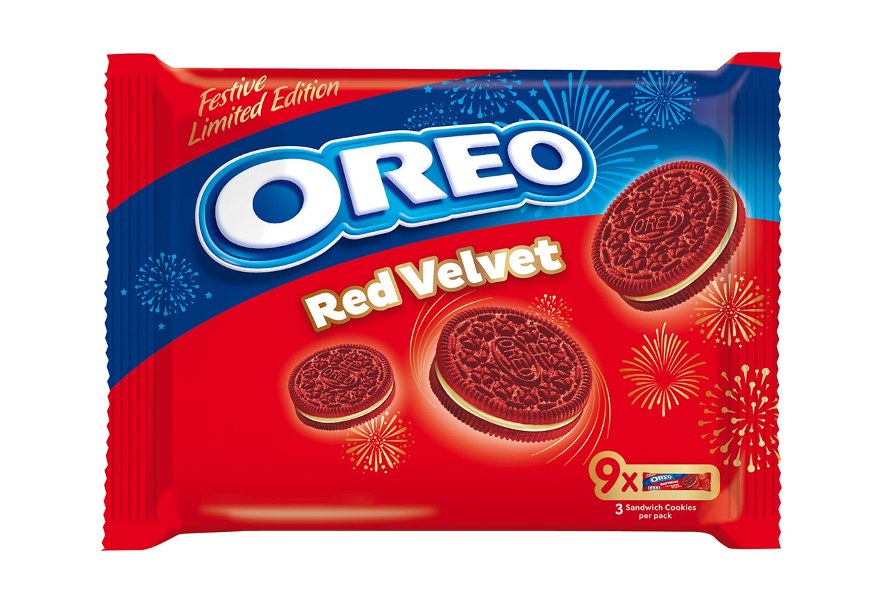 oreo red velvet festive limited edition flavor sandwich cookie color Mondelēz international