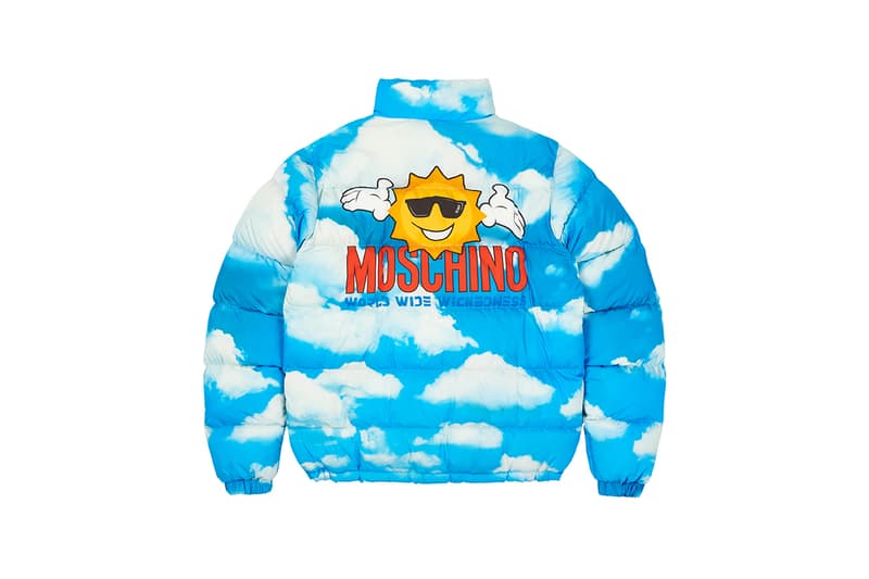 moschino palace skateboards collection collaboration shearling jackets puffers denim hoodies t shirts release fall winter 2020 milk carton duck logo shirt jeans jacket motorcycle bell helmet jeremy scott