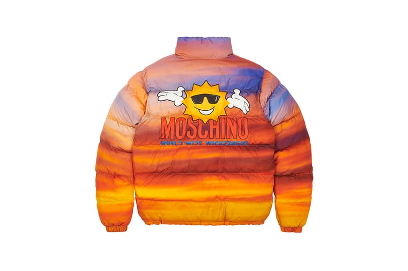 moschino palace skateboards collection collaboration shearling jackets puffers denim hoodies t shirts release fall winter 2020 milk carton duck logo shirt jeans jacket motorcycle bell helmet jeremy scott