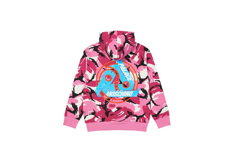 moschino palace skateboards collection collaboration shearling jackets puffers denim hoodies t shirts release fall winter 2020 milk carton duck logo shirt jeans jacket motorcycle bell helmet jeremy scott