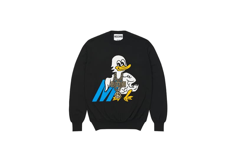 moschino palace skateboards collection collaboration shearling jackets puffers denim hoodies t shirts release fall winter 2020 milk carton duck logo shirt jeans jacket motorcycle bell helmet jeremy scott