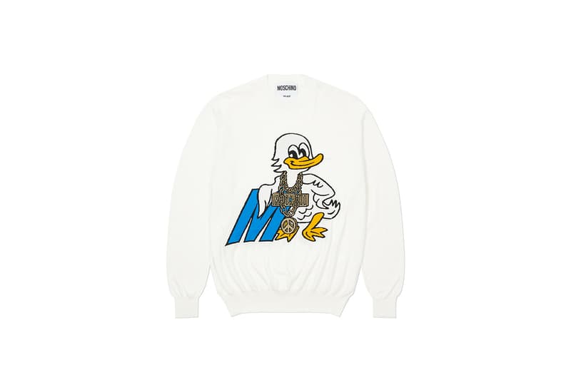 moschino palace skateboards collection collaboration shearling jackets puffers denim hoodies t shirts release fall winter 2020 milk carton duck logo shirt jeans jacket motorcycle bell helmet jeremy scott