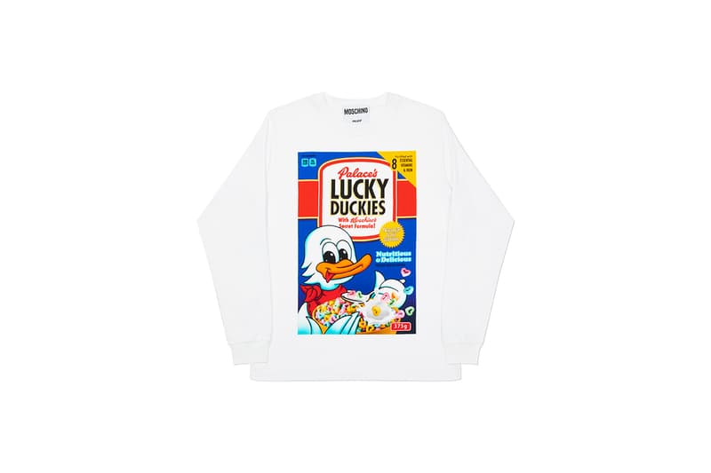 moschino palace skateboards collection collaboration shearling jackets puffers denim hoodies t shirts release fall winter 2020 milk carton duck logo shirt jeans jacket motorcycle bell helmet jeremy scott