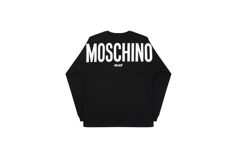 moschino palace skateboards collection collaboration shearling jackets puffers denim hoodies t shirts release fall winter 2020 milk carton duck logo shirt jeans jacket motorcycle bell helmet jeremy scott