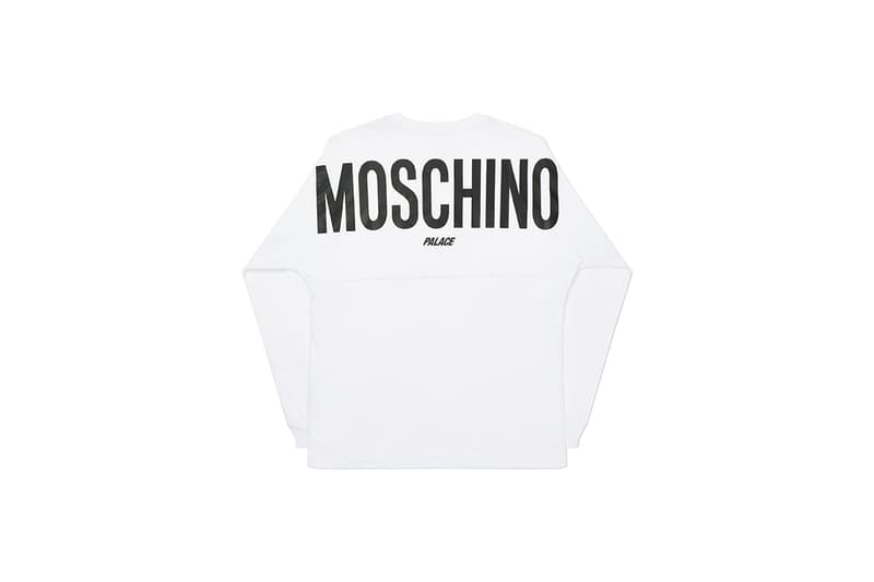 moschino palace skateboards collection collaboration shearling jackets puffers denim hoodies t shirts release fall winter 2020 milk carton duck logo shirt jeans jacket motorcycle bell helmet jeremy scott