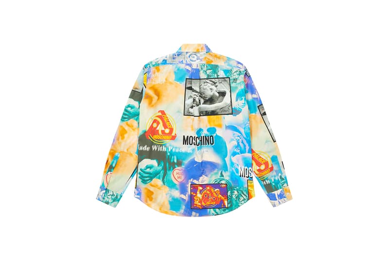 moschino palace skateboards collection collaboration shearling jackets puffers denim hoodies t shirts release fall winter 2020 milk carton duck logo shirt jeans jacket motorcycle bell helmet jeremy scott