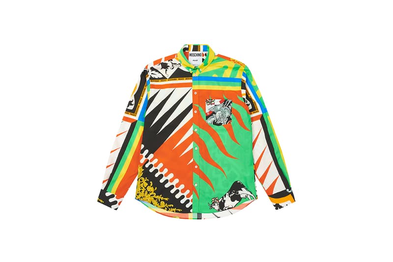 moschino palace skateboards collection collaboration shearling jackets puffers denim hoodies t shirts release fall winter 2020 milk carton duck logo shirt jeans jacket motorcycle bell helmet jeremy scott