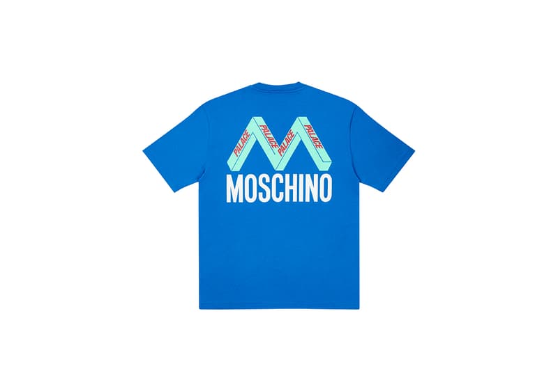 moschino palace skateboards collection collaboration shearling jackets puffers denim hoodies t shirts release fall winter 2020 milk carton duck logo shirt jeans jacket motorcycle bell helmet jeremy scott