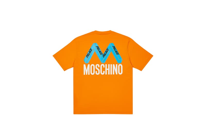 moschino palace skateboards collection collaboration shearling jackets puffers denim hoodies t shirts release fall winter 2020 milk carton duck logo shirt jeans jacket motorcycle bell helmet jeremy scott