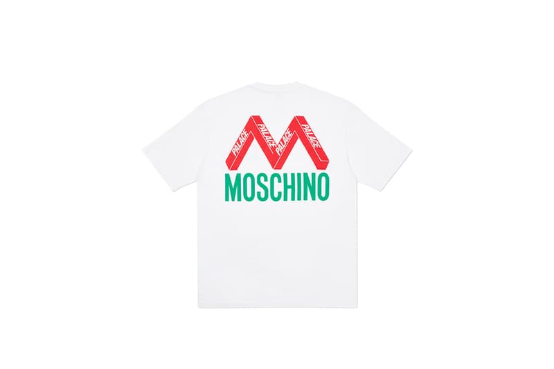 moschino palace skateboards collection collaboration shearling jackets puffers denim hoodies t shirts release fall winter 2020 milk carton duck logo shirt jeans jacket motorcycle bell helmet jeremy scott