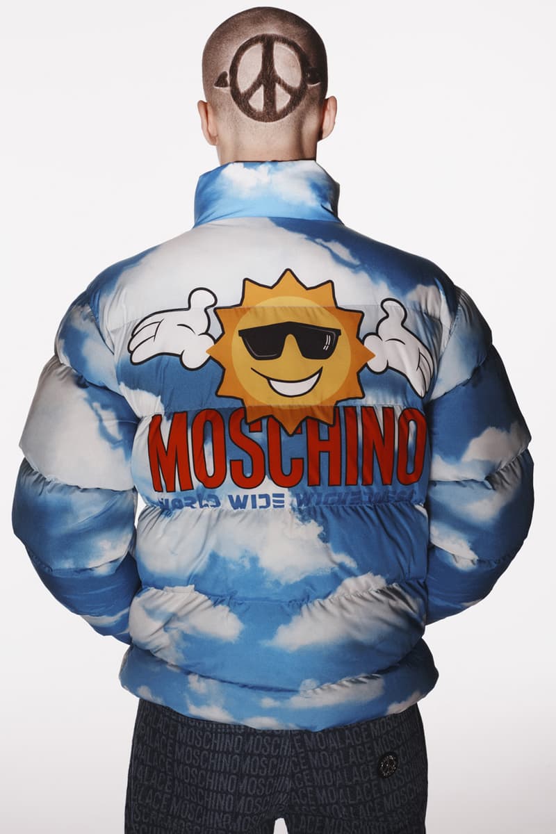 moschino palace skateboards collection collaboration shearling jackets puffers denim hoodies t shirts release fall winter 2020 milk carton duck logo shirt jeans jacket motorcycle bell helmet jeremy scott