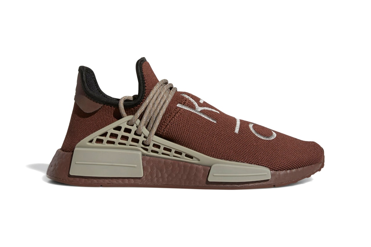 Pharrell Williams x adidas Originals NMD Hu Chocolate Auburn Simple Brown Colorway GY0090 Release Information HYPE Sneaker Shoe Trainer PW Collaboration Limited Edition Drop Date Three Stripes BOOST South Korean Letters Human Race 