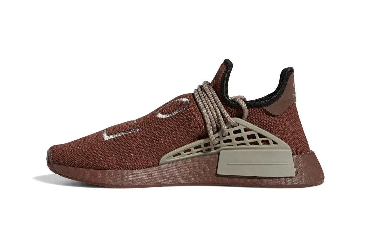 Pharrell Williams x adidas Originals NMD Hu Chocolate Auburn Simple Brown Colorway GY0090 Release Information HYPE Sneaker Shoe Trainer PW Collaboration Limited Edition Drop Date Three Stripes BOOST South Korean Letters Human Race 