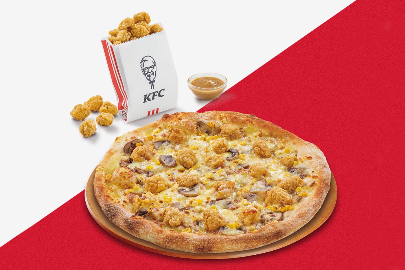 Pizza Hut KFC Popcorn Chicken Pizza fast food limited edition gravy cheese mushrooms sweetcorn mobile game Pizzatainer Colonel Sanders