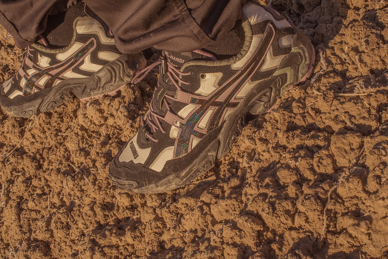 PLEASURES x ASICS GEL-NANDI OG Trail Model Sneaker Release Information Collaboration Nylon Ripstop Suede Iridescent Closer First Look Drop Date Shoe Trainer Footwear
