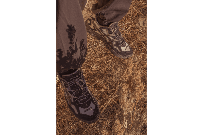 PLEASURES x ASICS GEL-NANDI OG Trail Model Sneaker Release Information Collaboration Nylon Ripstop Suede Iridescent Closer First Look Drop Date Shoe Trainer Footwear