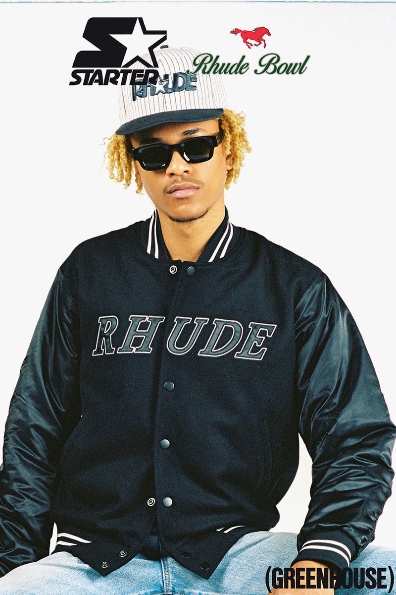 rhude starter collaboration starter jacket pinstripe hat release date info photos greenhouse footlocker 