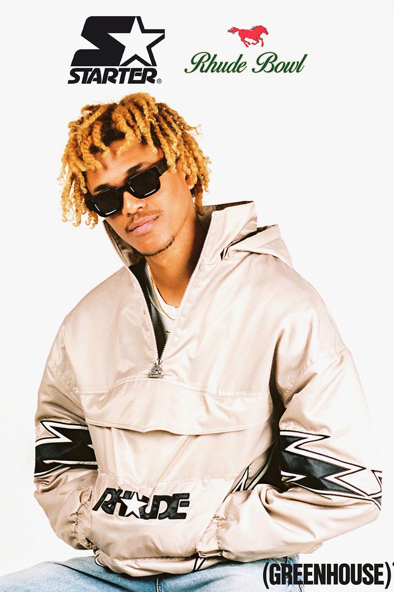 rhude starter collaboration starter jacket pinstripe hat release date info photos greenhouse footlocker 