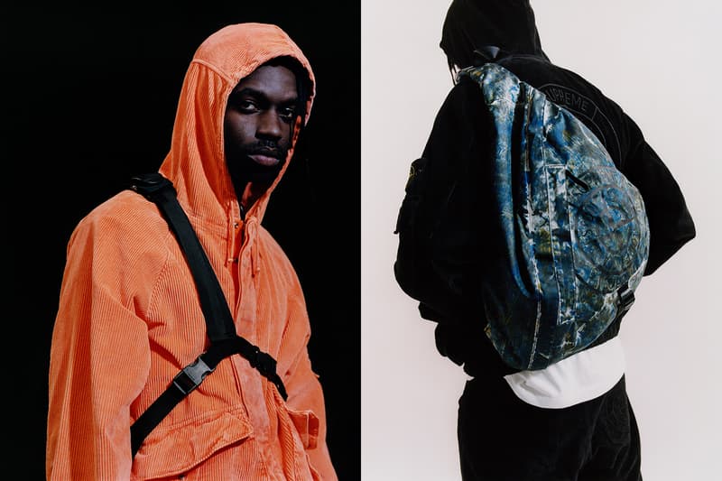 Supreme Stone Island Fall Winter 2020 Collection release Info Collaboration Crinkle Down Jacket nylon Cargo Pant cotton Top nylon Shoulder Bag nylon 6-Panel cotton corduroy Jacket Pant Crusher cotton Hooded Sweatshirt Sweatshort custom dye Glow-in-the-Dark Balaclava Baruffaldi Rek Goggles