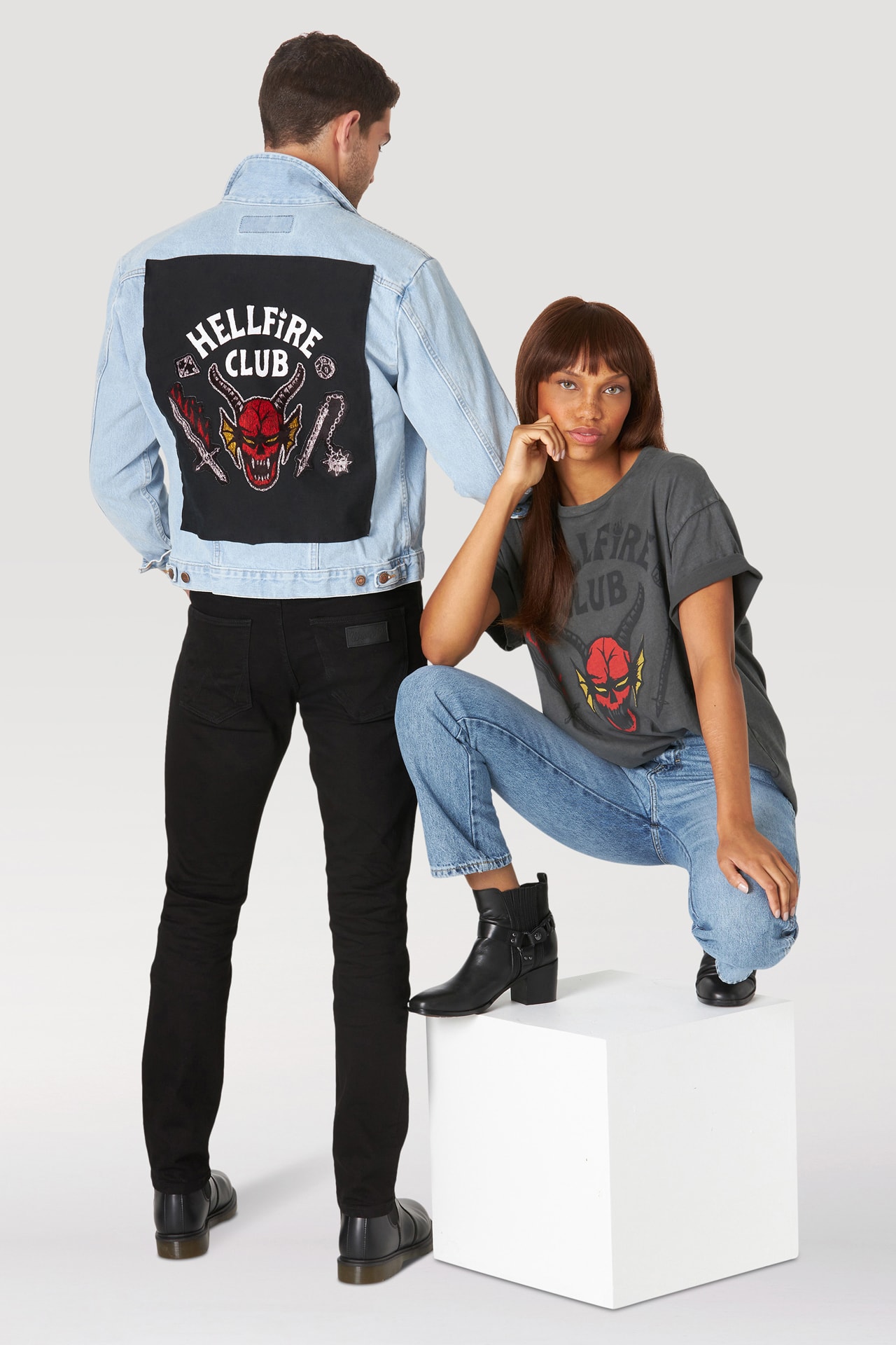 Collection launch Hellfire club inspired 80s 18th century Britain and Ireland historical crew a men’s t-shirt, women’s t-shirt & gender neutral denim jacket