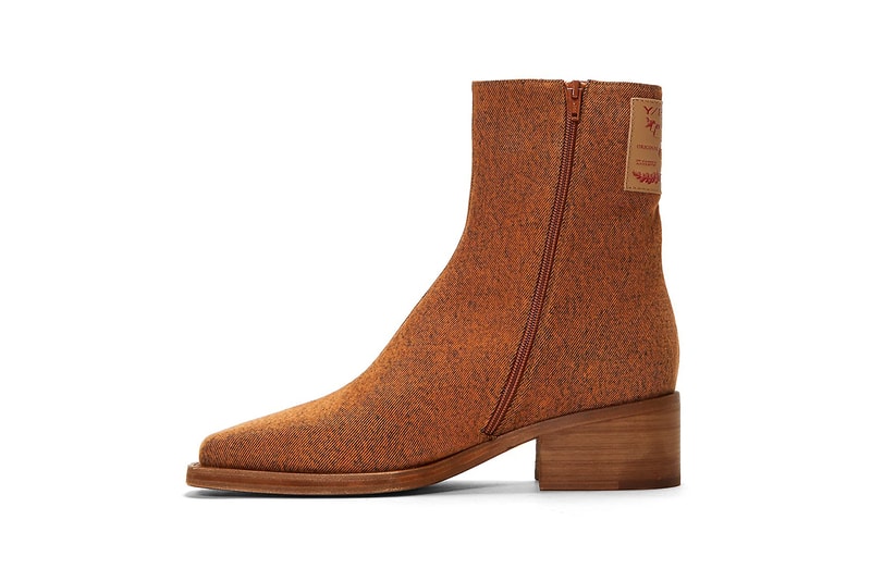 Y/Project Denim Ankle Boots Fall Winter 2020 FW20 Glenn Martens LN-CC $865 USD Levi's Jacrons Tab Leather Paper Distressed Orange Mottled Effect 