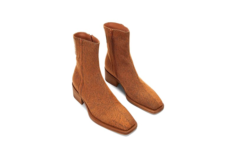 Y/Project Denim Ankle Boots Fall Winter 2020 FW20 Glenn Martens LN-CC $865 USD Levi's Jacrons Tab Leather Paper Distressed Orange Mottled Effect