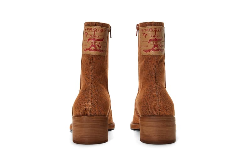 Y/Project Denim Ankle Boots Fall Winter 2020 FW20 Glenn Martens LN-CC $865 USD Levi's Jacrons Tab Leather Paper Distressed Orange Mottled Effect