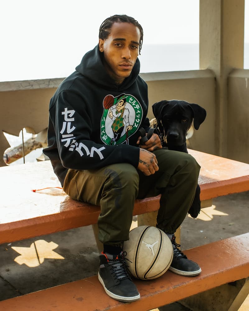 NBA x Hyperfly Katakana Logo Hoodies First Drop collection indigo black cotton dye weight price retail buy print logo team Boston Celtics, Chicago Bulls, Los Angeles Lakers and New York Knicks