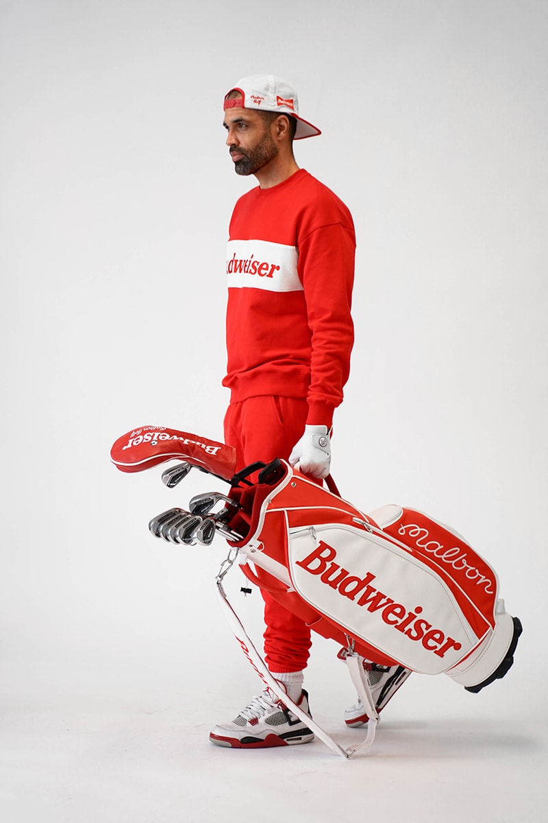 Malbon Golf Launches a Budweiser Collection that consist of a sweatshirt, pants, headcover, golf bag and polo