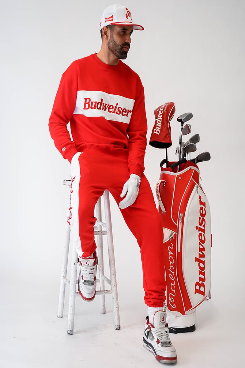 Malbon Golf Launches a Budweiser Collection that consist of a sweatshirt, pants, headcover, golf bag and polo