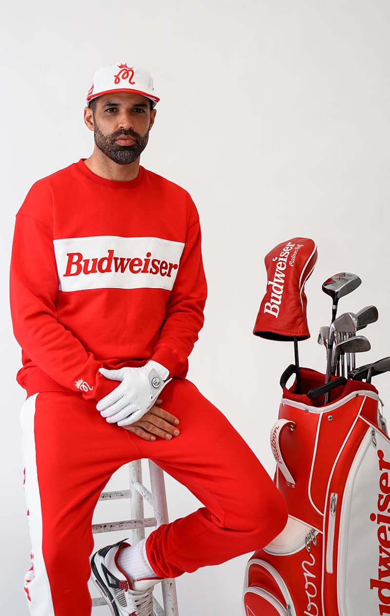 Malbon Golf Launches a Budweiser Collection that consist of a sweatshirt, pants, headcover, golf bag and polo