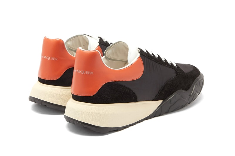 Alexander McQueen oversized sole raised sneaker court black orange heel tab release information