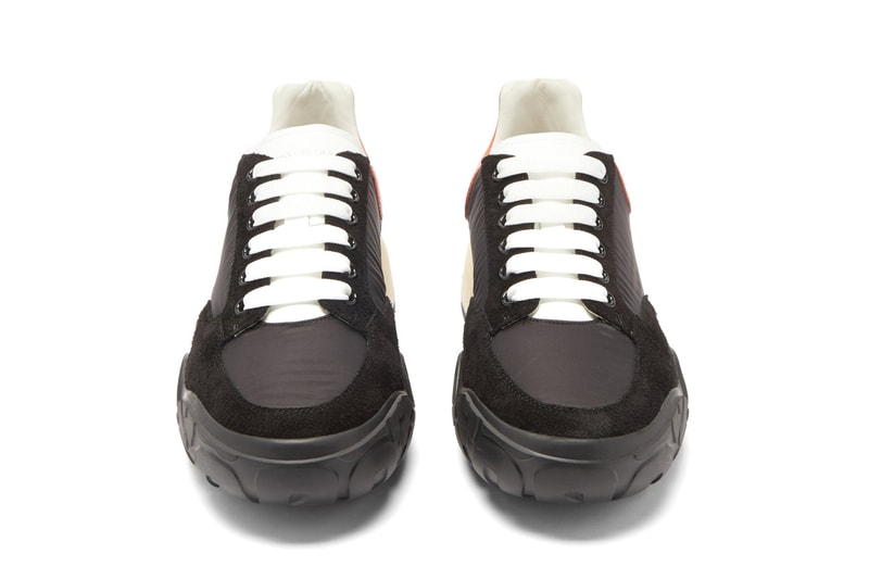 Alexander McQueen oversized sole raised sneaker court black orange heel tab release information