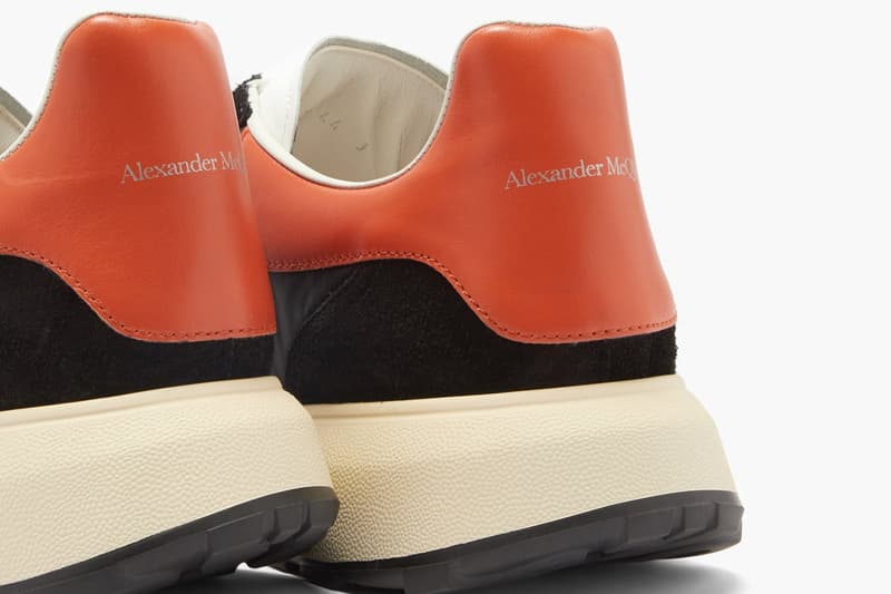 Alexander McQueen oversized sole raised sneaker court black orange heel tab release information