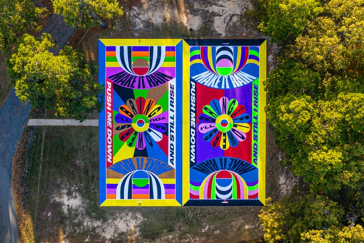Artist Lakwena Transforms Basketball Court Into Colorful Text-Based Work