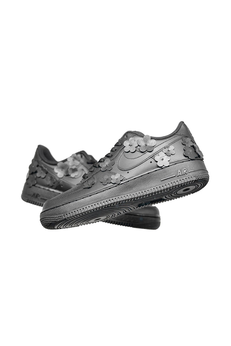 Made Black Nike Air Force 1 "BLACK FLAWA" Custom Leather Flower Application Appliqué Triple Black AF1 Hand Made Designed Limited Edition Footwear Sneaker Drop Date Release Information Unofficial Collaboration Shoe Swoosh
