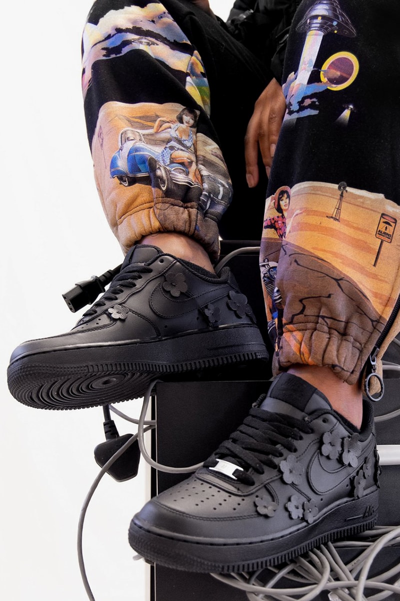 Made Black Nike Air Force 1 "BLACK FLAWA" Custom Leather Flower Application Appliqué Triple Black AF1 Hand Made Designed Limited Edition Footwear Sneaker Drop Date Release Information Unofficial Collaboration Shoe Swoosh
