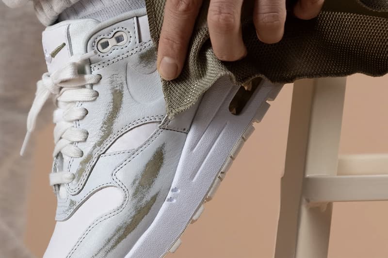 Nike Air Max 1 "Yours" SUMMIT WHITE / WHITE / SAIL / MEDIUM KHAKI Sneaker Release Information Closer First Look Rub Away Distressed Wear Tear Upper Premium Leather AM1