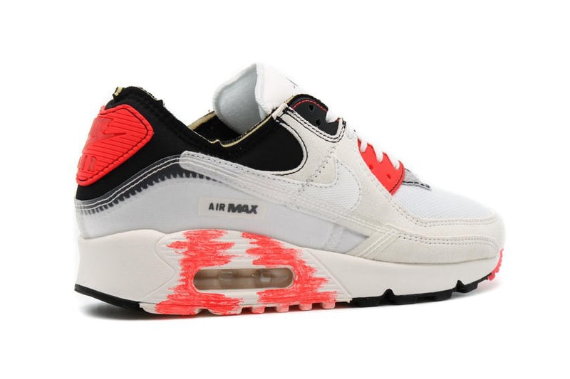 Nike Air Max 90 AMIII AM90 PRM "White/Black" "Infrared" DC7856-100 Inside-Out Deconstructed Reverse Print Design Swoosh Limited Edition Sneaker Drop Date Release Information Closer First Look Shoe Footwear Trainer OG Air