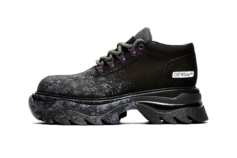 Off-White™ Chunky Sneaker-Boot Hybrid Fall Winter 2020 FW20 Runway Show Shoe Virgil Abloh Collection Sevenstore $1,347.50 USD Made in Italy Paint Spray Effect Suede Metal SHOELACES