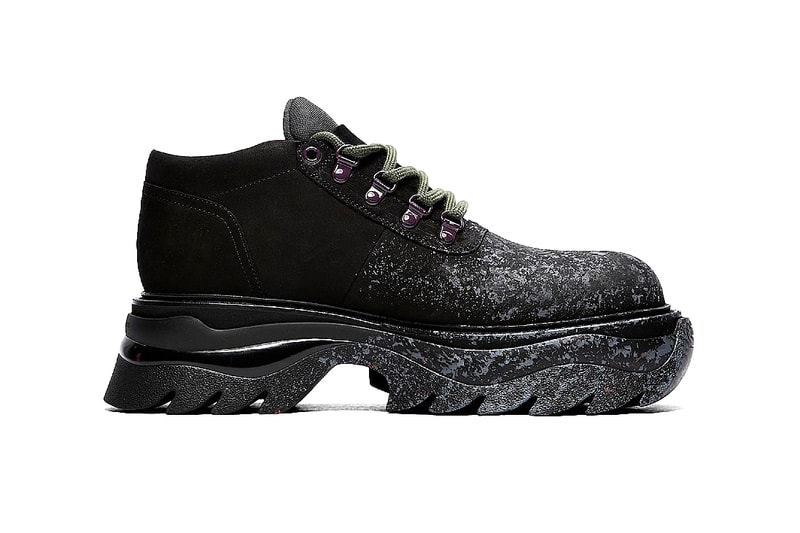 Off-White™ Chunky Sneaker-Boot Hybrid Fall Winter 2020 FW20 Runway Show Shoe Virgil Abloh Collection Sevenstore $1,347.50 USD Made in Italy Paint Spray Effect Suede Metal SHOELACES